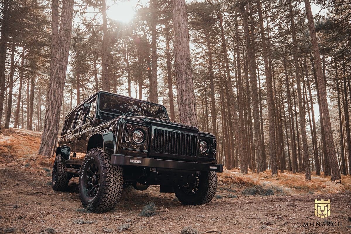 Bespoke black Land Rover Defender parked in a forest
