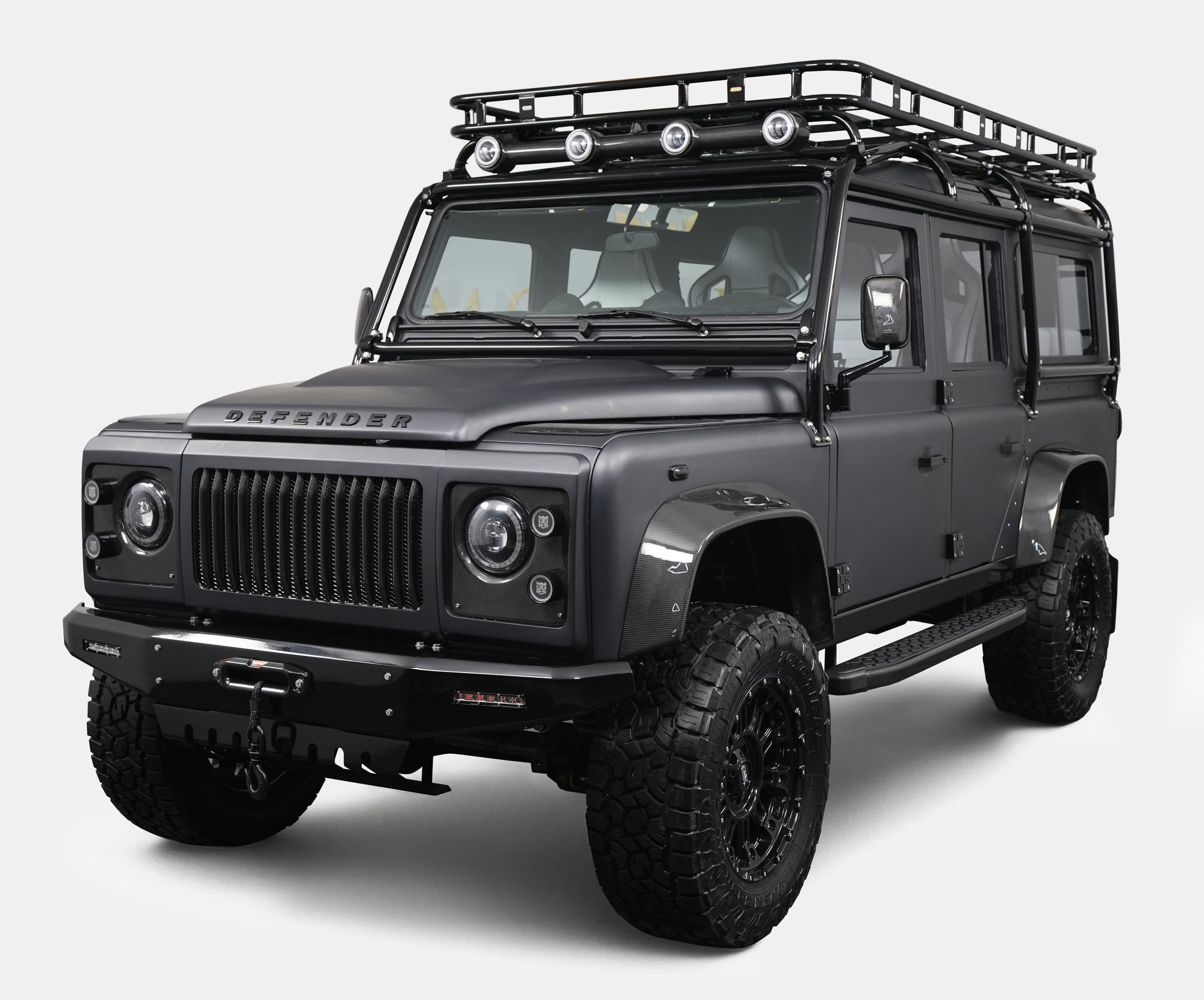 Front View: Custom Land Rover Defender Bespoke Land Rover Defender in matte black with off-road features
