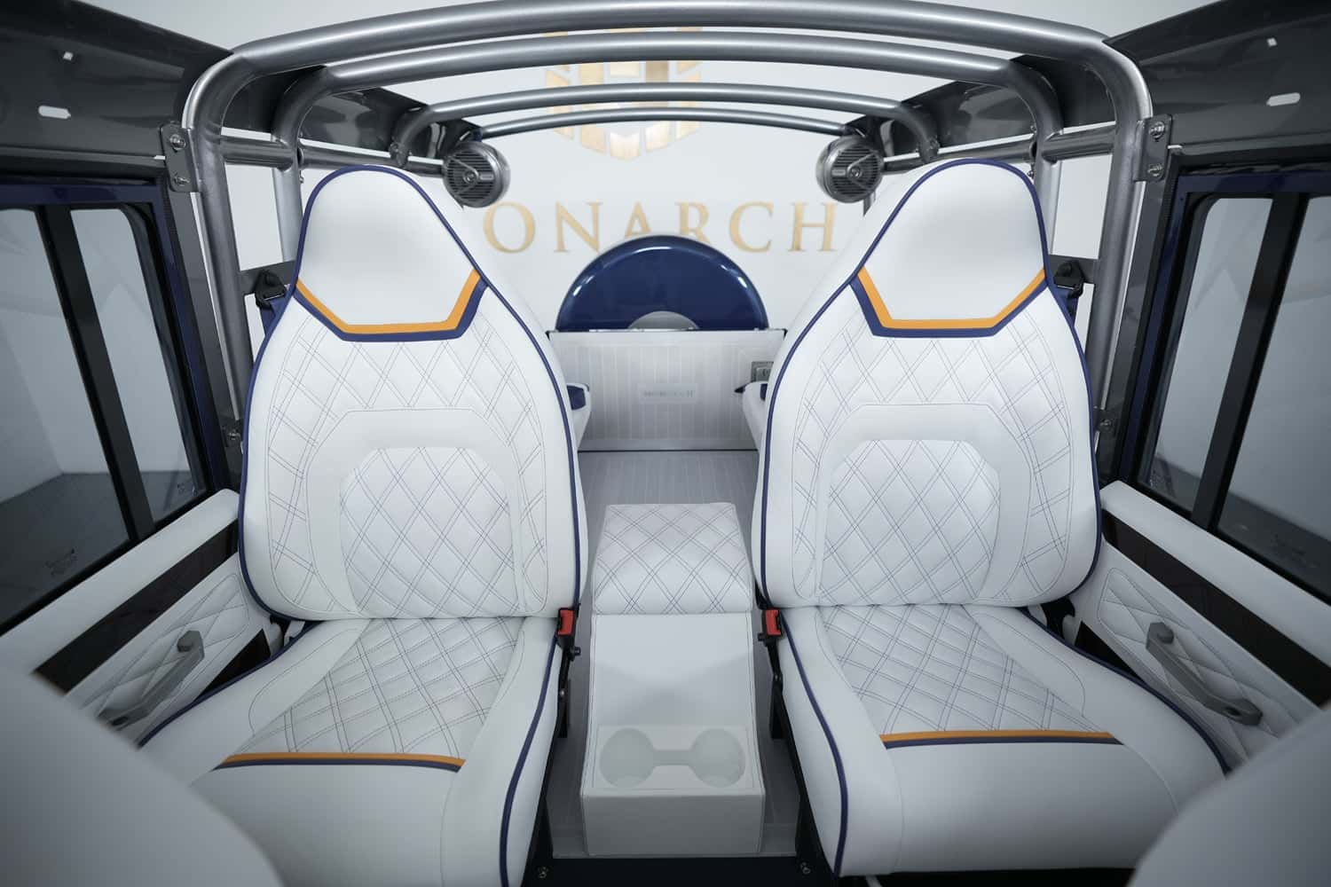 Custom Land Rover Defender interior with luxury white leather seats