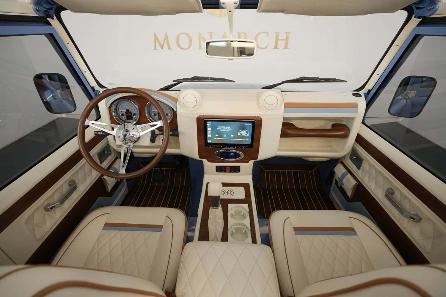 Interior view of a bespoke Land Rover Defender featuring luxury design elements