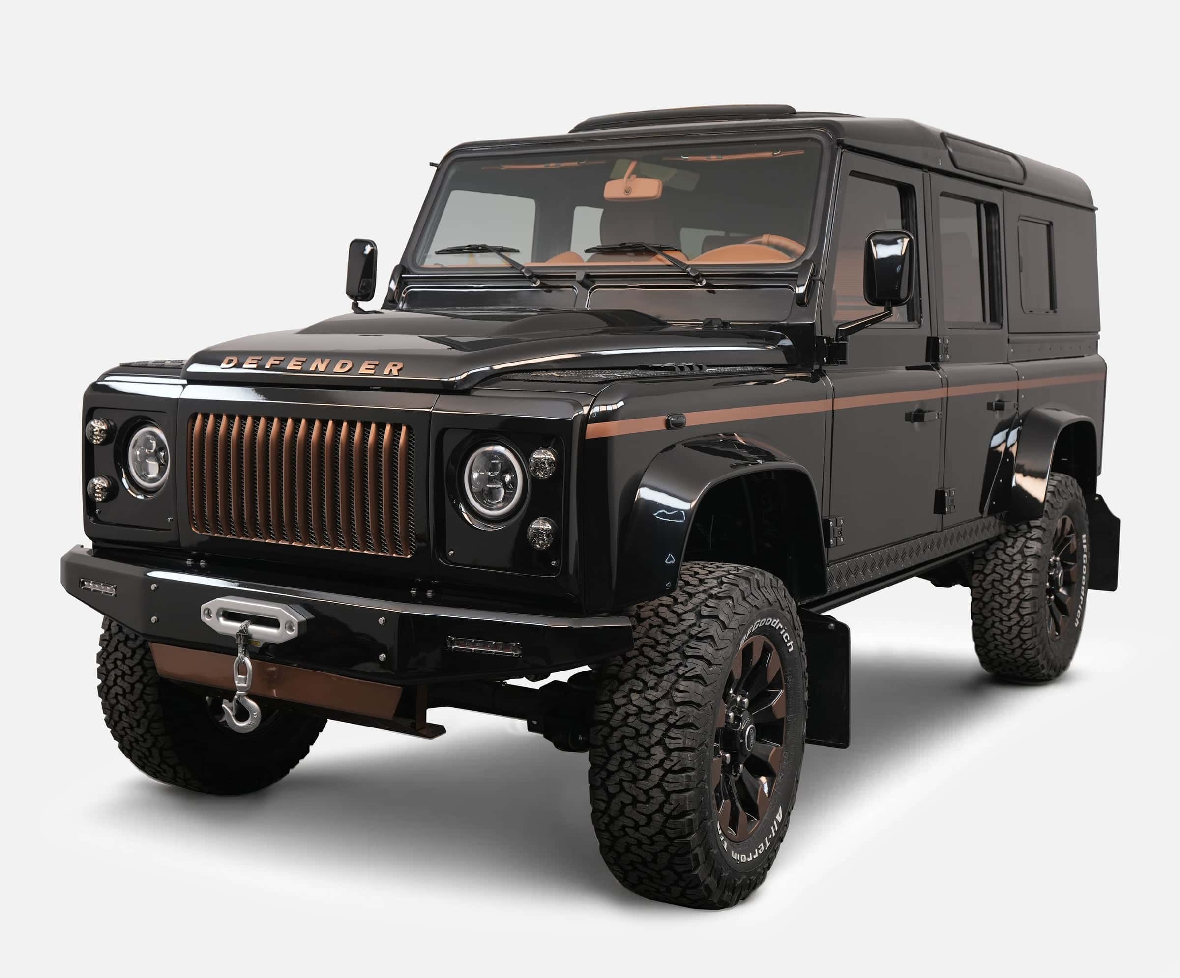 Bespoke Land Rover Defender in black with copper accents