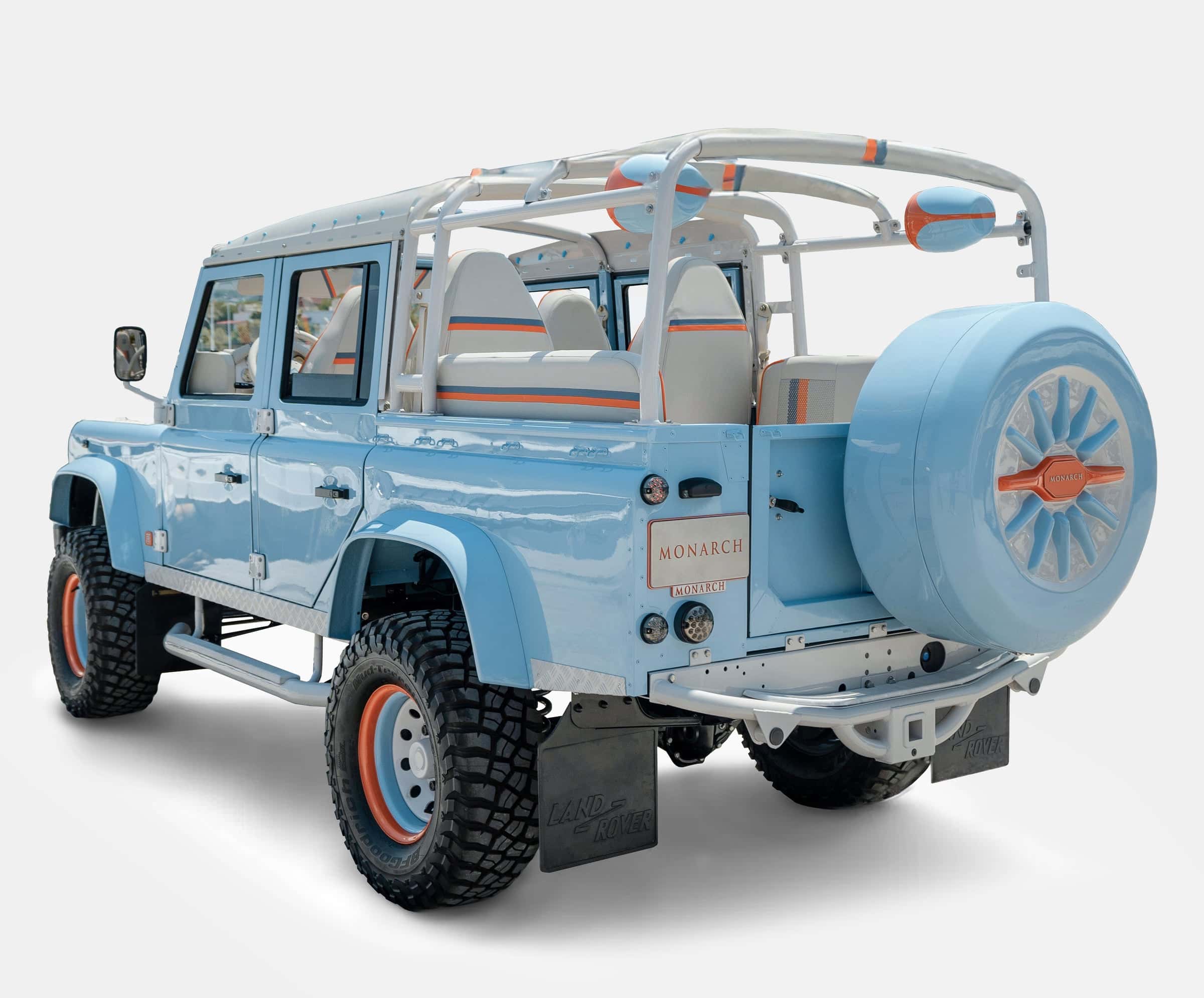 Bespoke Land Rover Defender in light blue with white and orange accents