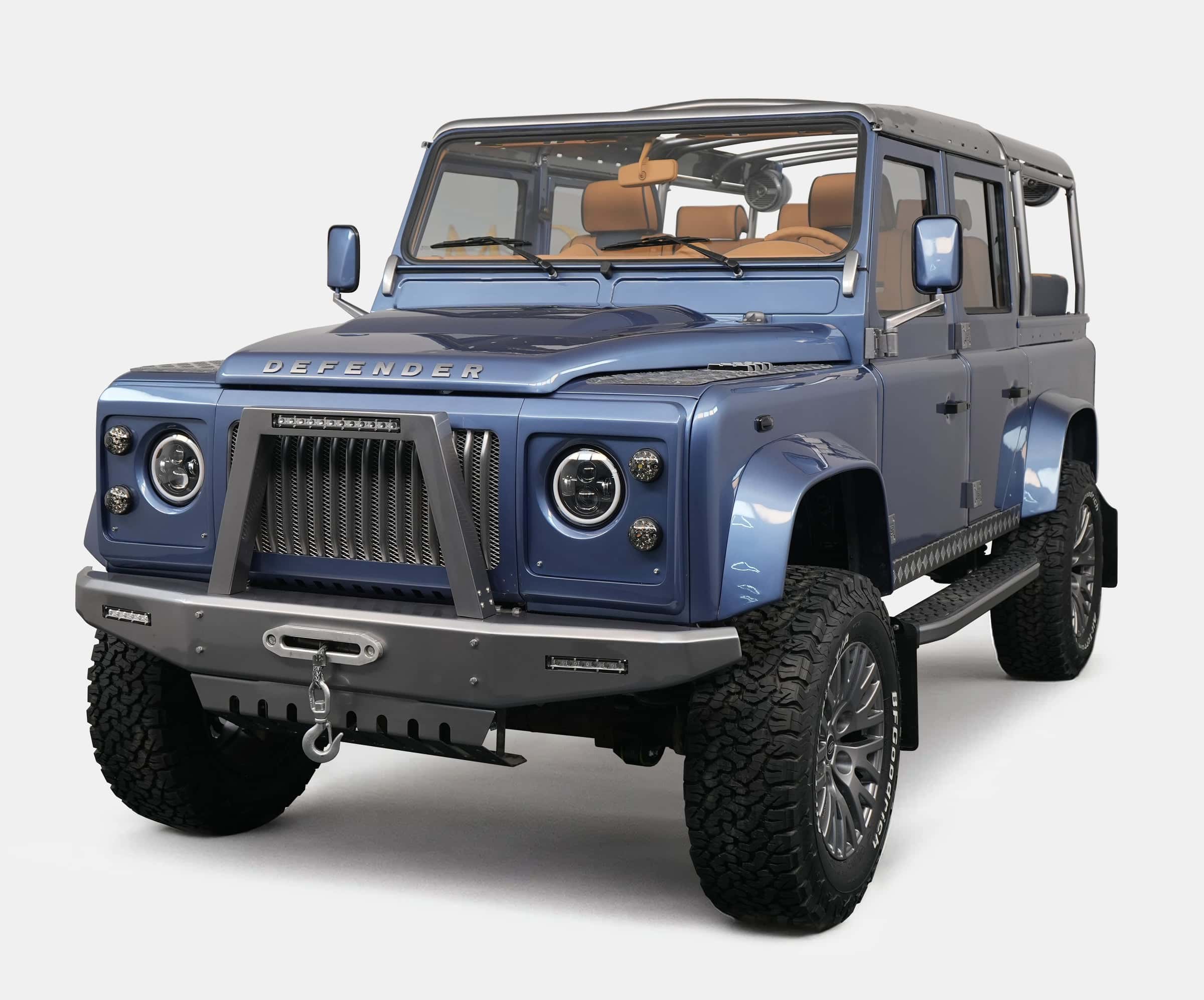 Bespoke blue Land Rover Defender with luxury modifications
