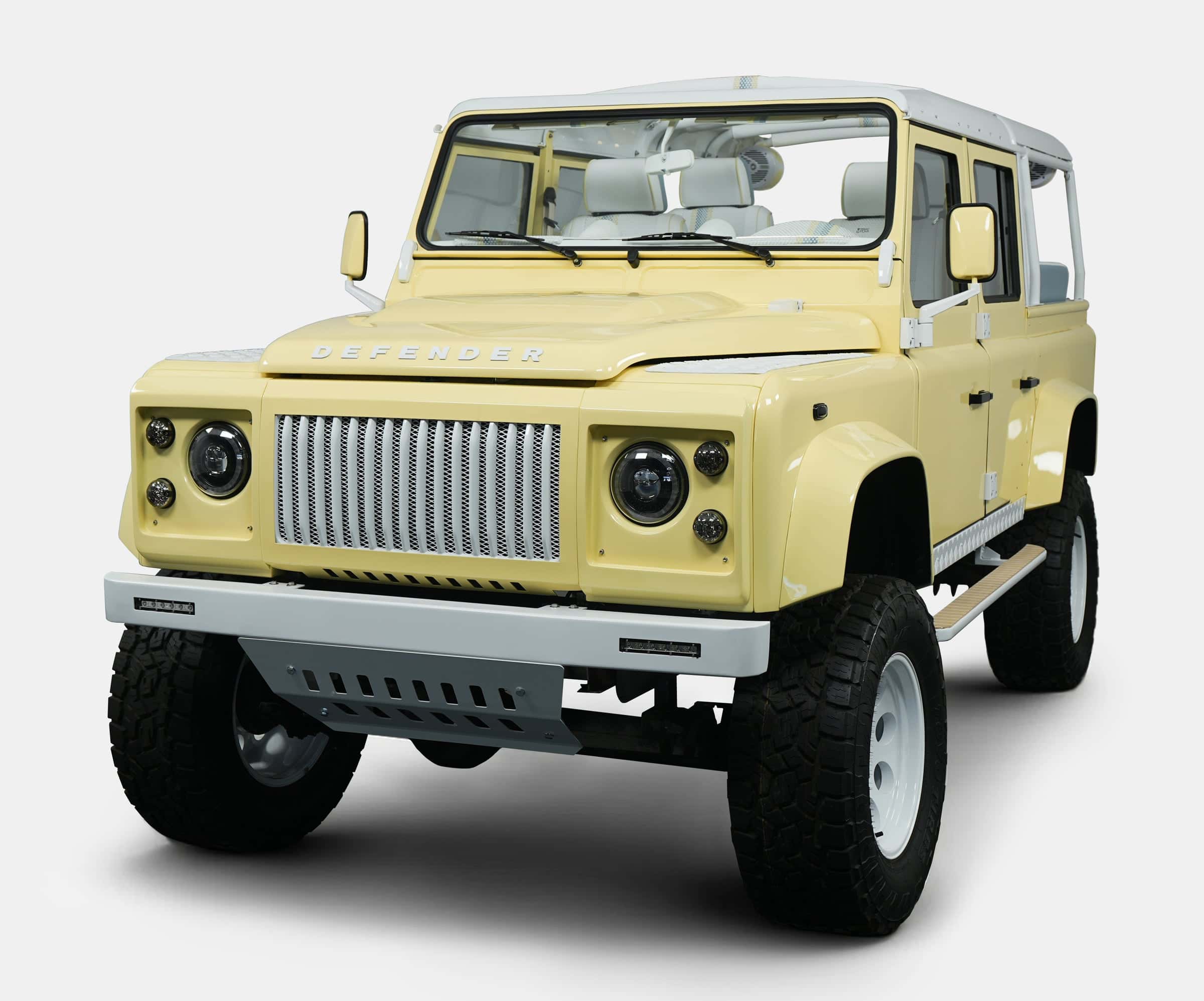 Bespoke yellow Land Rover Defender with custom features