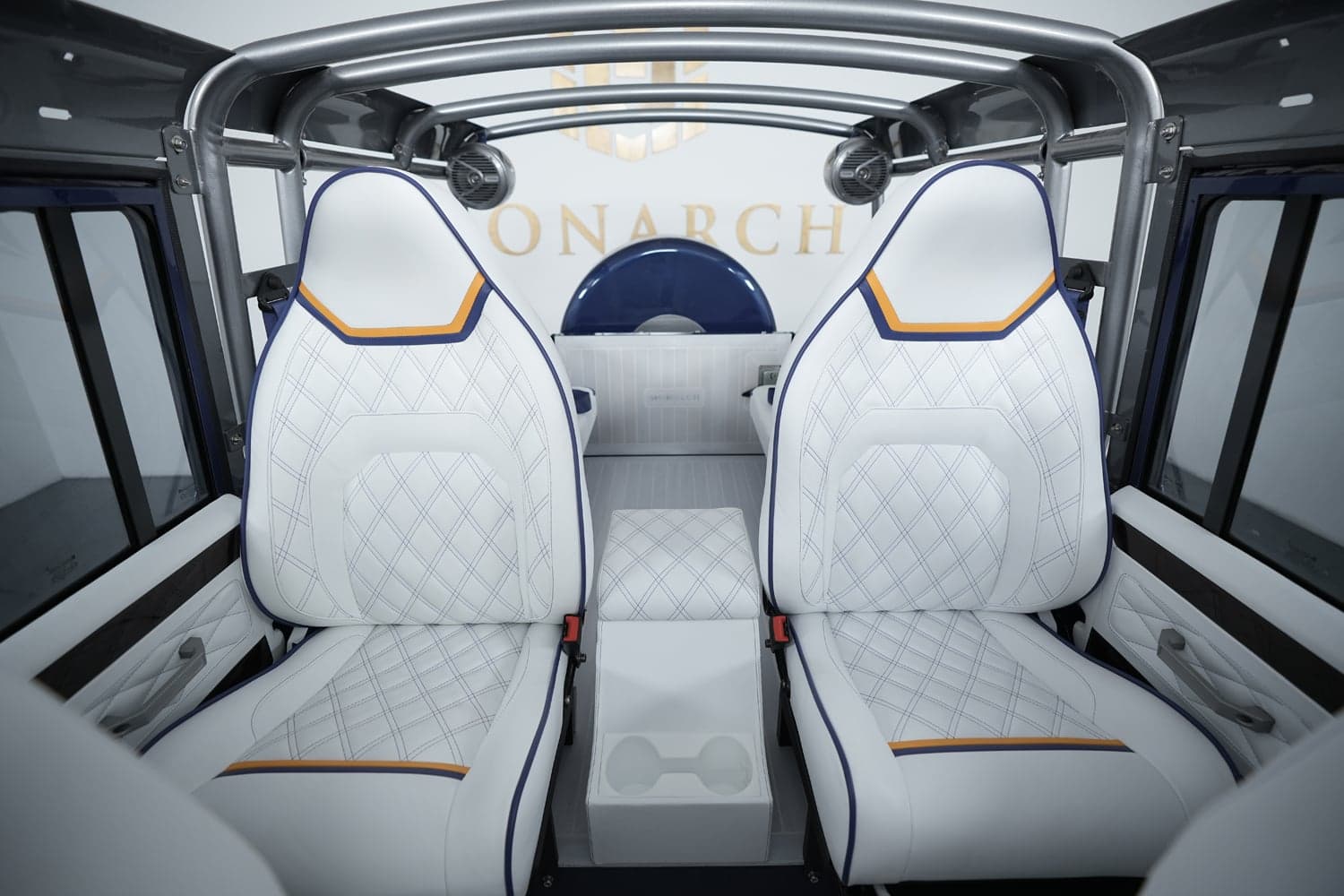 Custom Land Rover Defender interior with luxury white leather seats