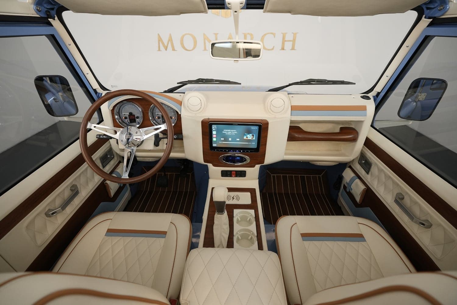 Interior view of a bespoke Land Rover Defender featuring luxury design elements