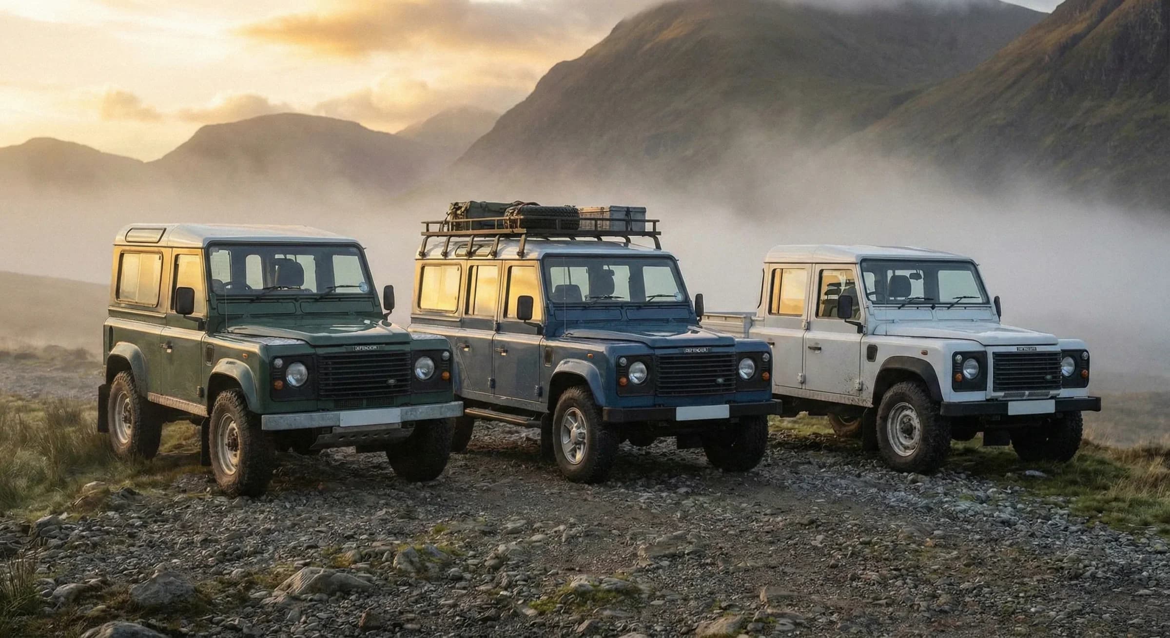 A lineup of classic Defenders in various body styles (90, 110, 130) showing the range of configurations available from the 1990 era onward