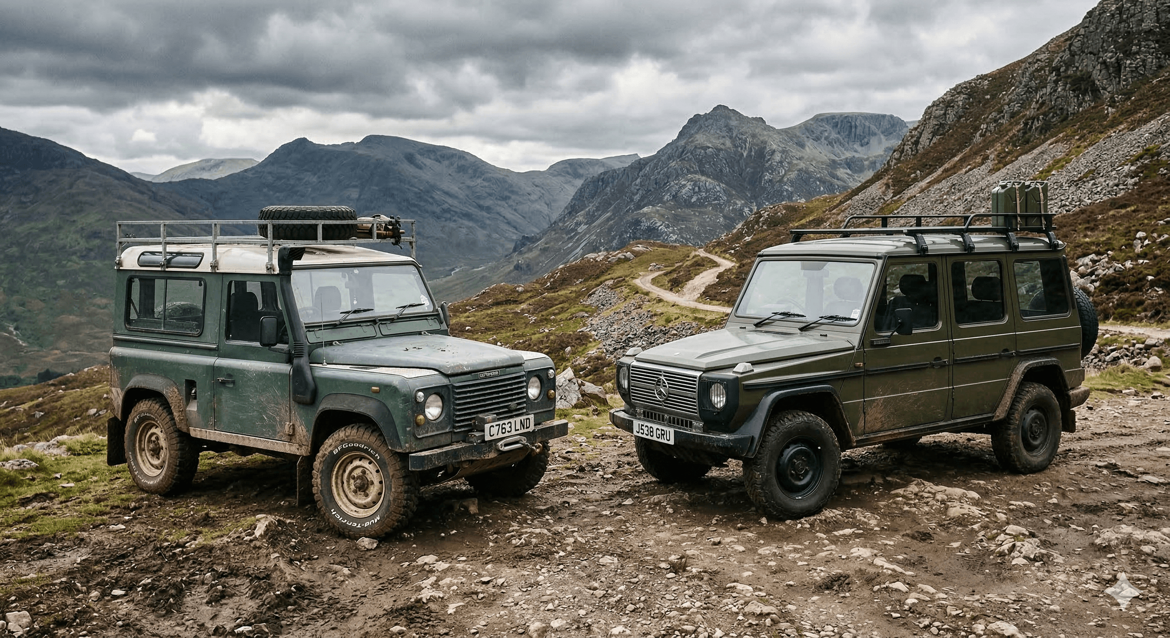 Side-by-side comparison of a classic Defender 90 and a vintage W463 G-Wagen parked on rugged terrain