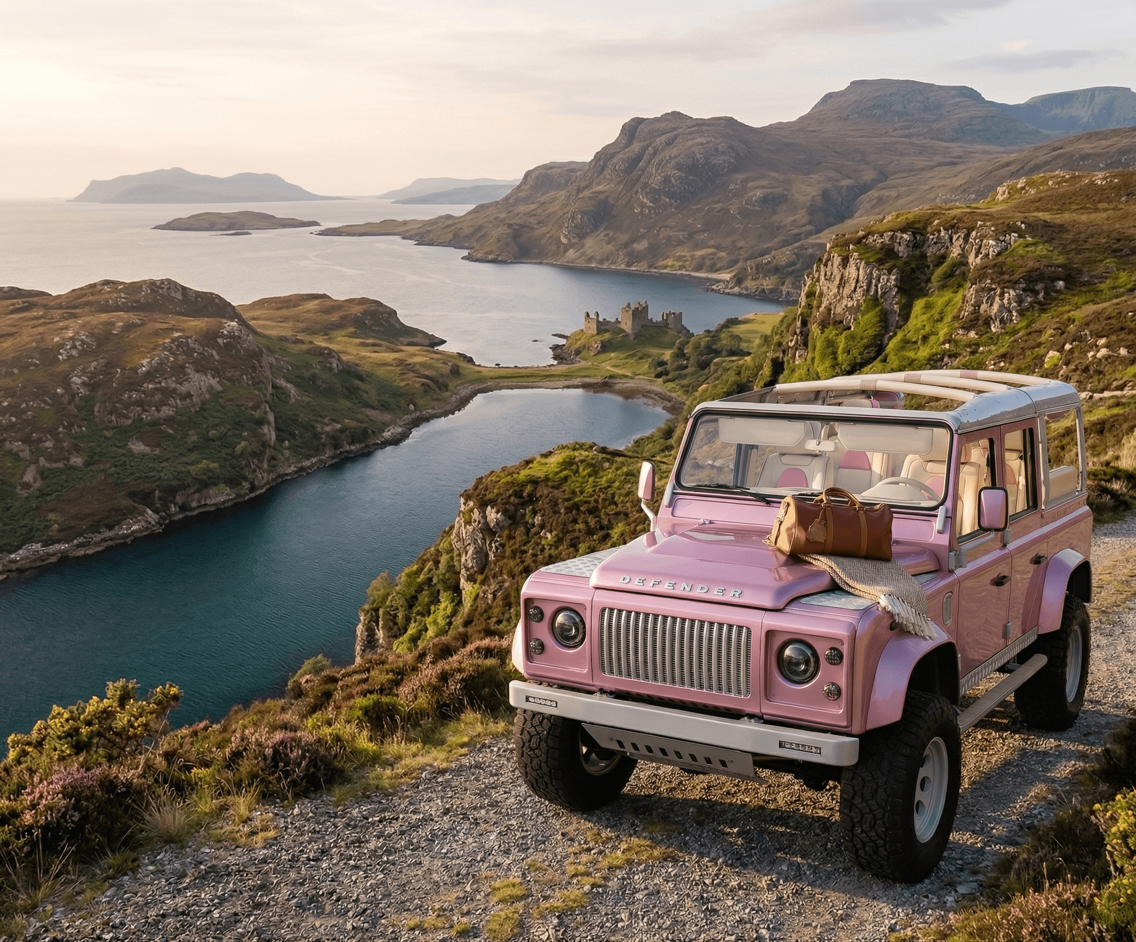 A classic Defender 90 stripped to bare chassis in a professional workshop, showing galvanized frame rails and tagged components hanging on a parts wall