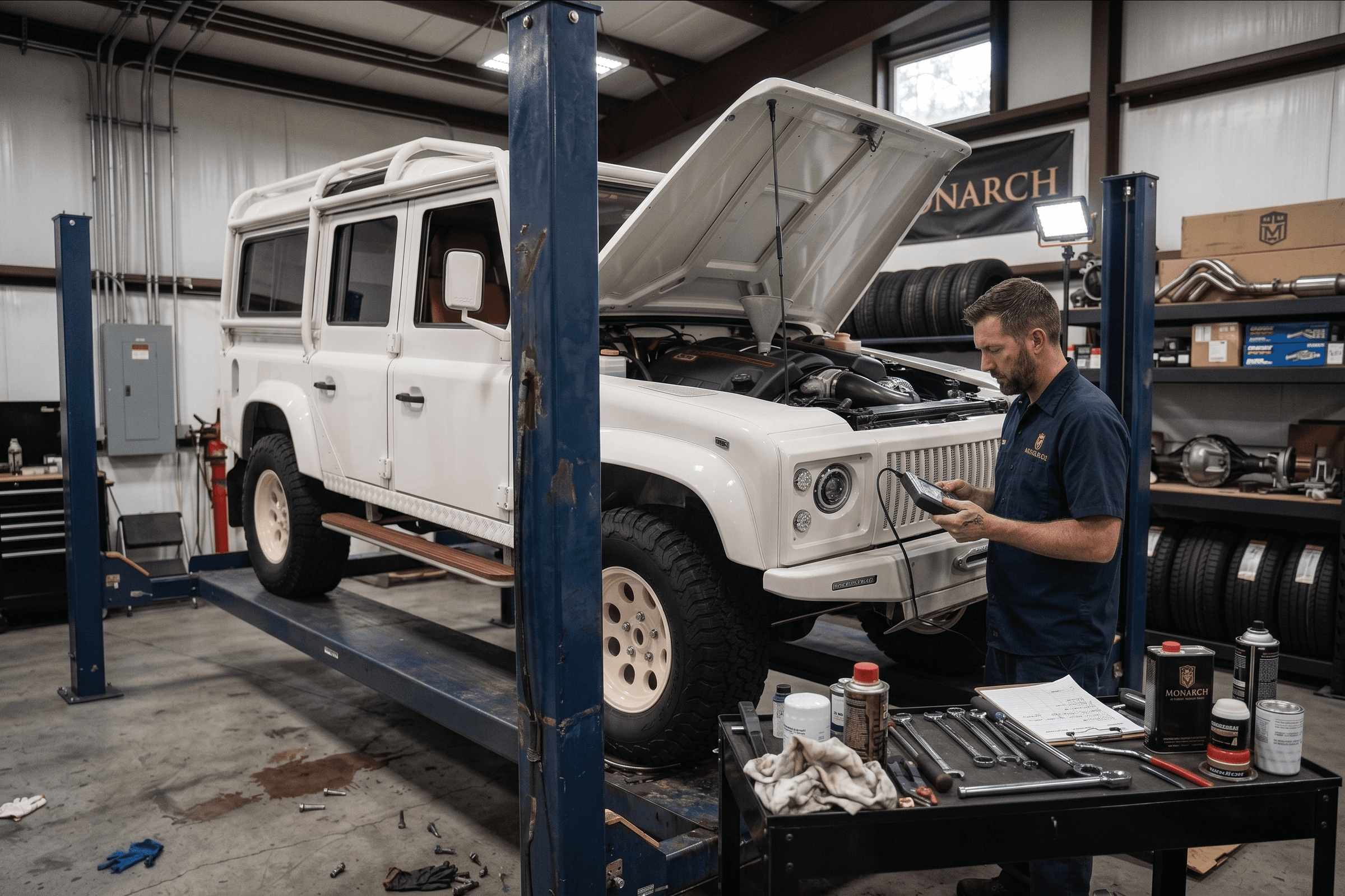 A builder performing an oil change on a 6.2L LS3 V8 engine inside a custom Land Rover Defender 110