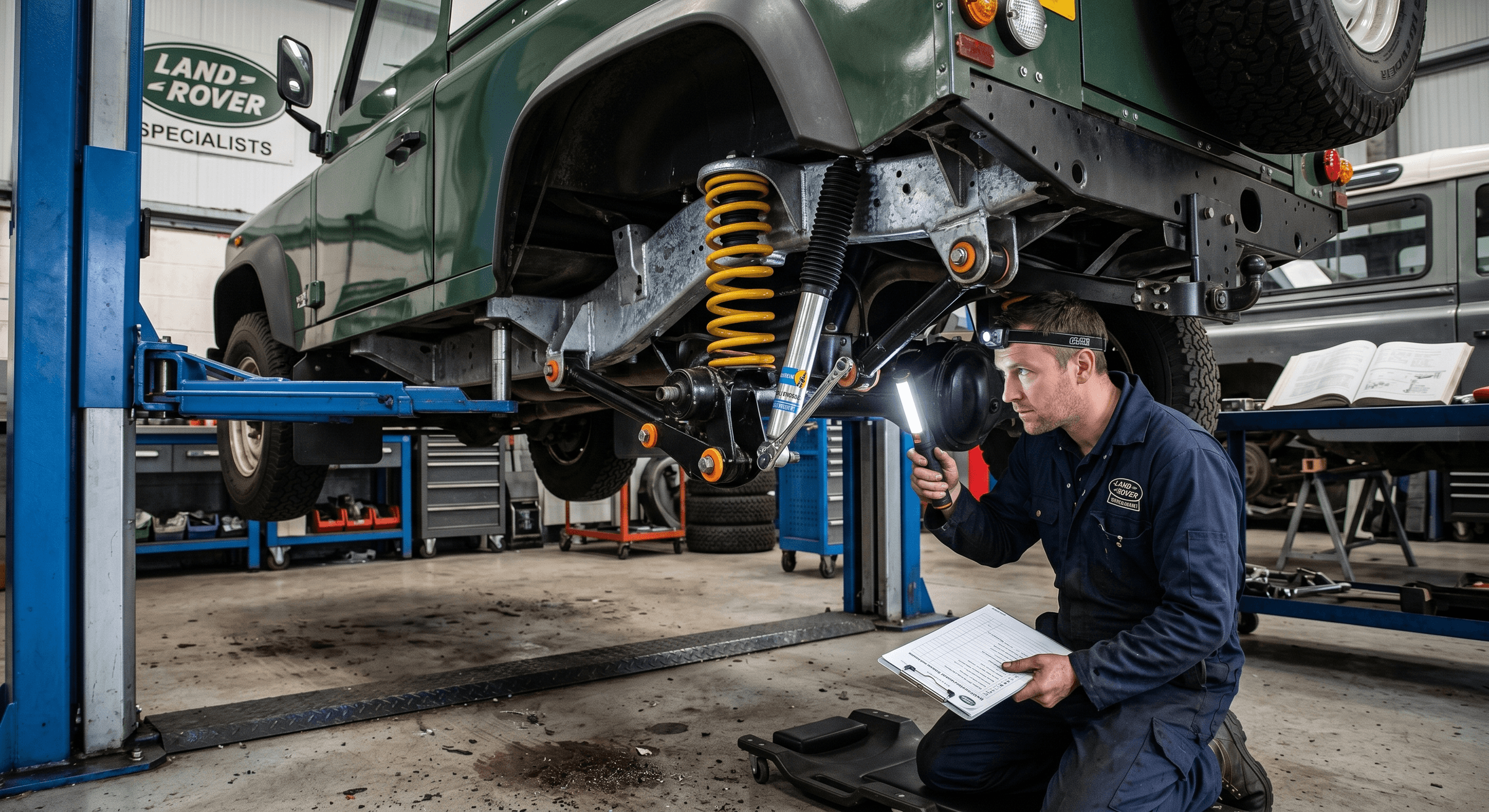 Checking the heavy-duty suspension and galvanized frame on a classic Land Rover Defender 90