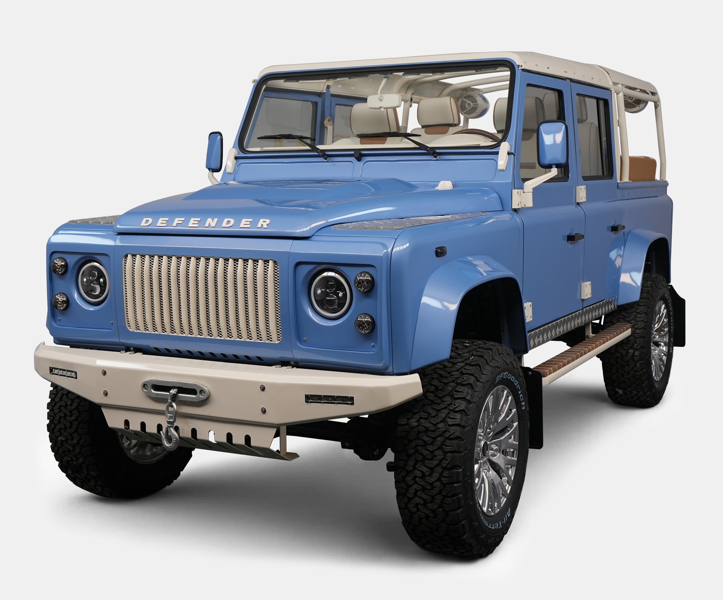 Custom Land Rover Defender in blue with luxury features