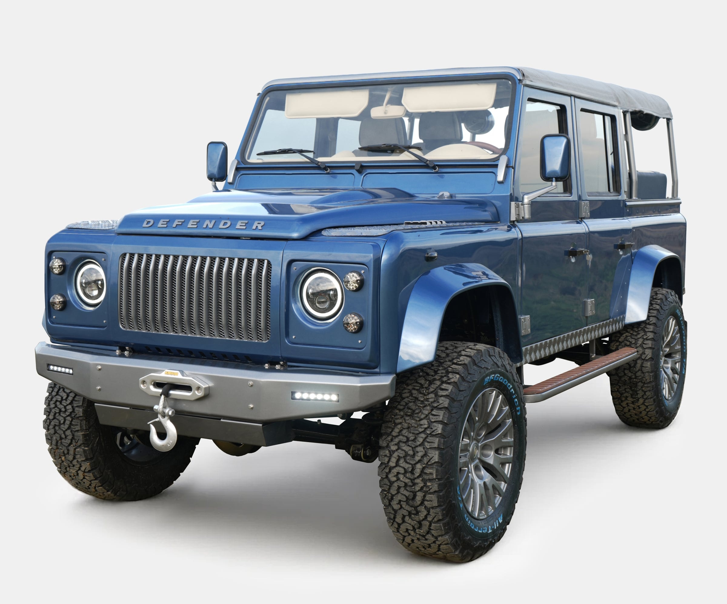 Custom blue Land Rover Defender with premium features