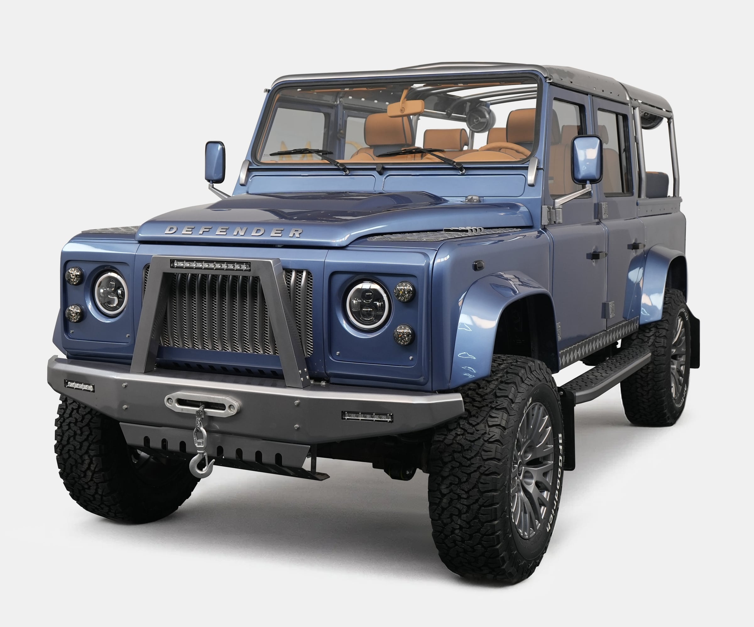 Bespoke blue Land Rover Defender with luxury modifications