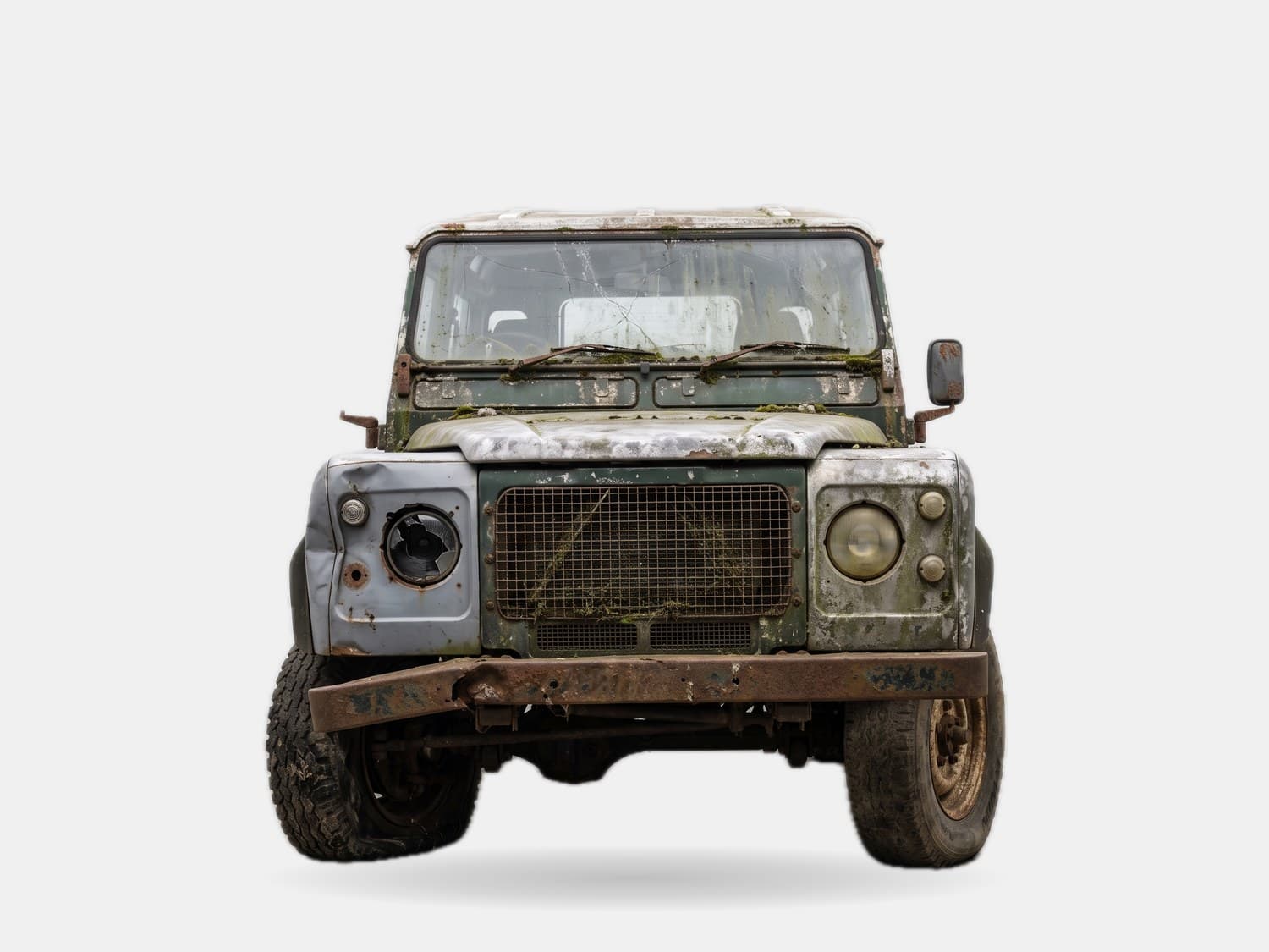 Unrestored classic Defender with faded paint and rust