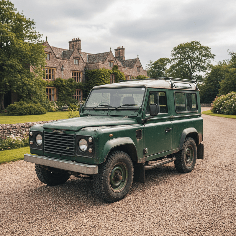 Classic Land Rover Defender 90 parked on a country estate showing weathered exterior and authentic patina