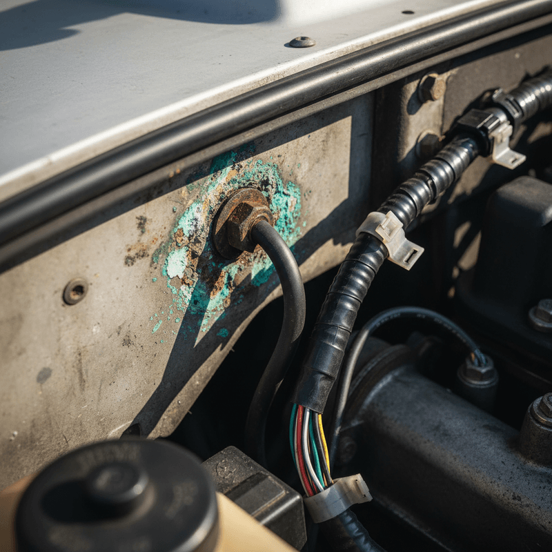 Defender electrical system showing corroded bulkhead ground connection and replaced wiring harness