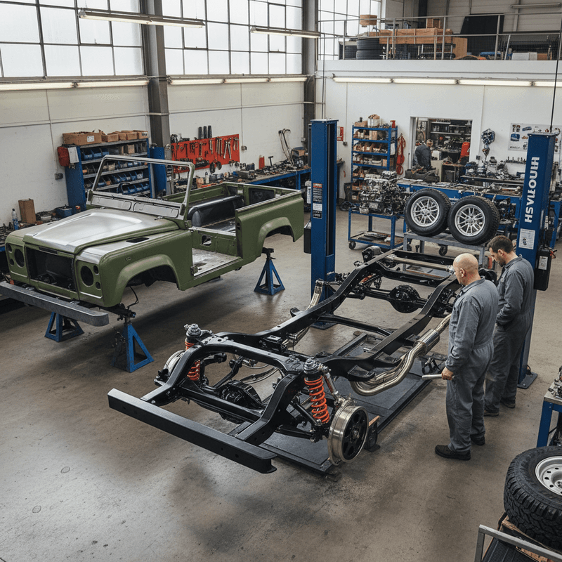 Monarch Defender workshop showing frame-off restoration process with exposed chassis and custom components