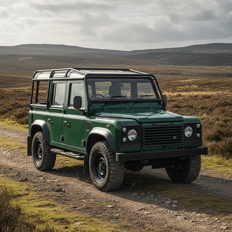 Classic 1990s Land Rover Defender 110 in British Racing Green with external roll cage, showcasing the iconic boxy design and utilitarian aesthetic
