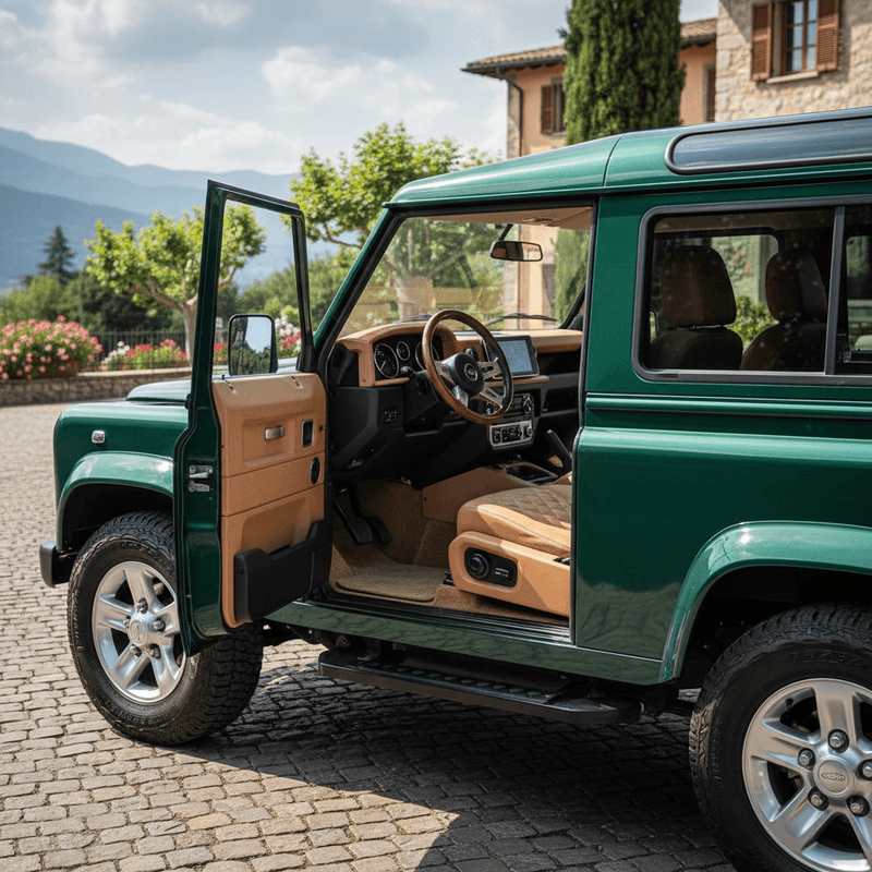 Beautifully restored 1990s Defender 90 with premium leather interior and modern amenities, demonstrating how classic design can be enhanced with contemporary luxury