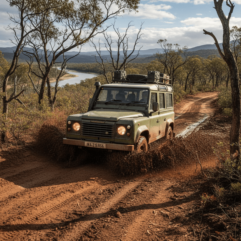 Classic Land Rover Defender 110 driving through muddy terrain showcasing its iconic boxy silhouette and utilitarian design