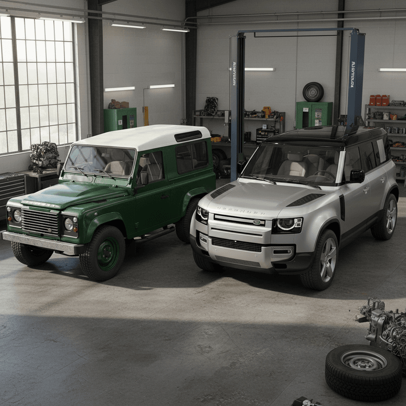 Side-by-side comparison of classic and modern Land Rover Defenders in a workshop setting highlighting design evolution