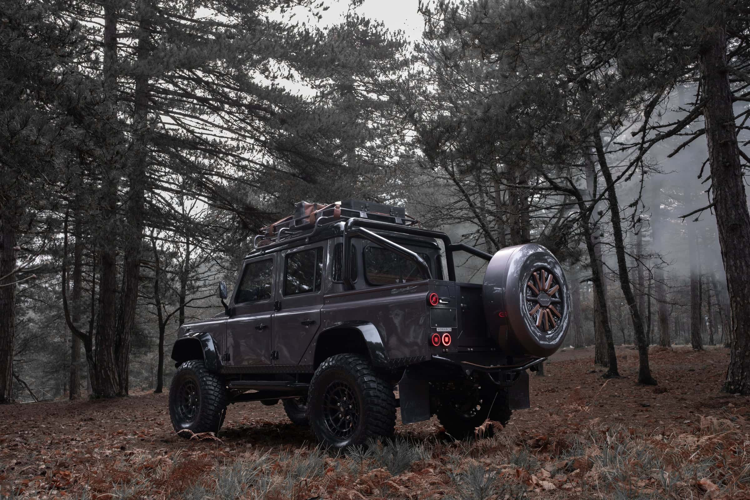 Rear View: Bespoke Land Rover Defender Rear view of a custom Land Rover Defender in a forest setting