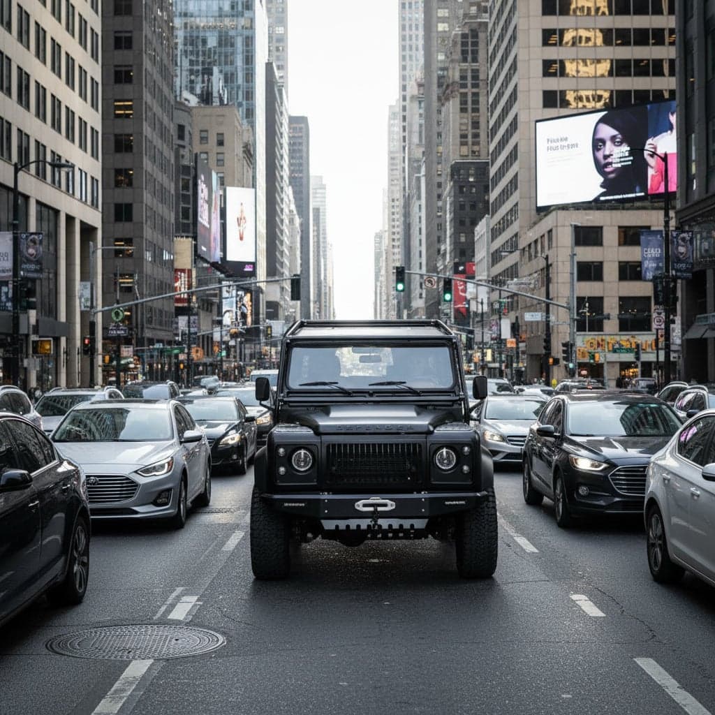 A classic Defender 90 in urban traffic, emphasizing its iconic silhouette against modern vehicles and city architecture