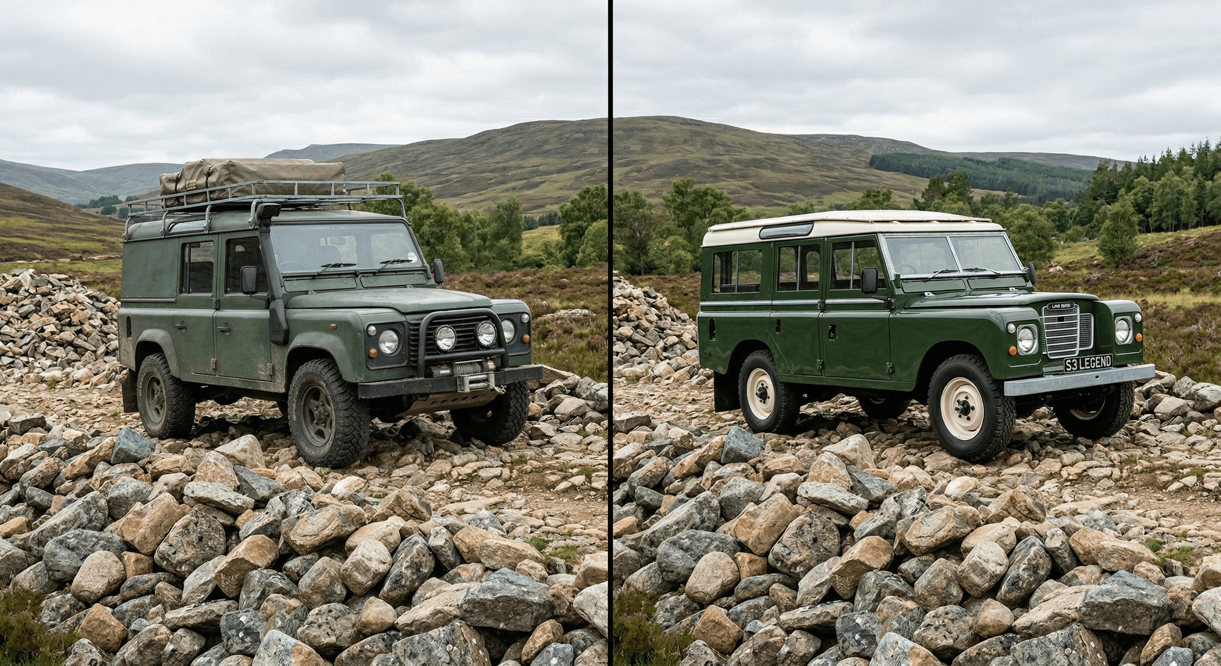 Side-by-side comparison showing a classic Defender 90 with live axles on a steep articulation test next to a modern L663 Defender on the same terrain