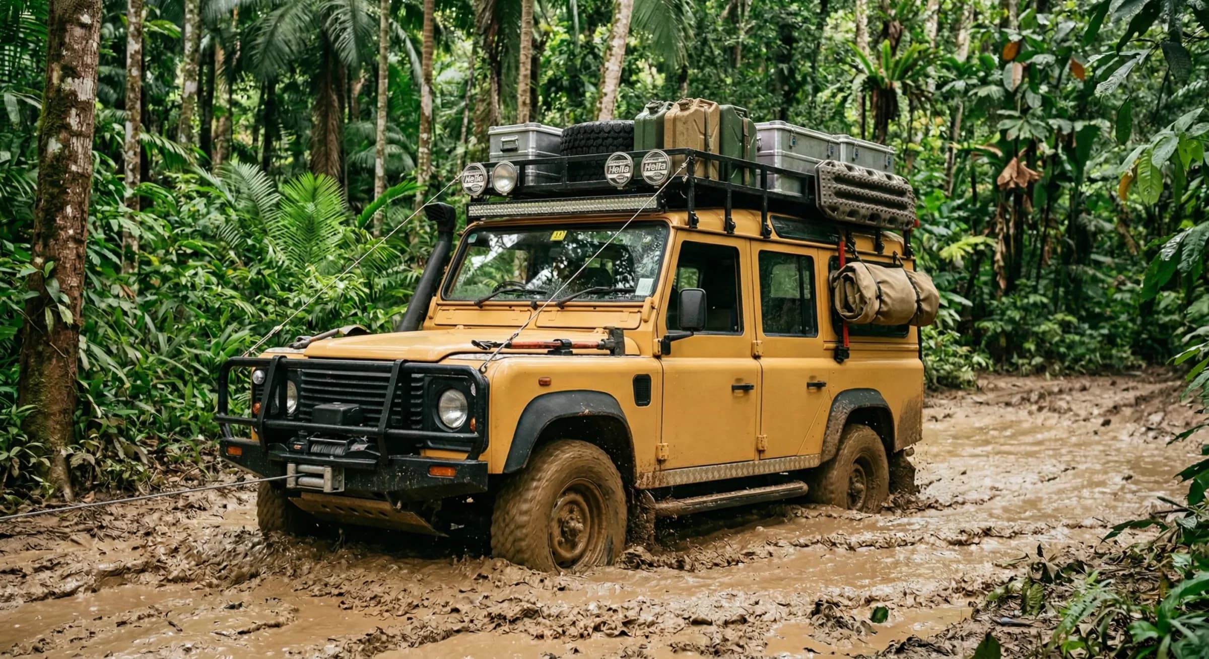 A Camel Trophy Defender 110 in sandglow yellow, heavily equipped with expedition gear, winching through deep mud in a tropical setting