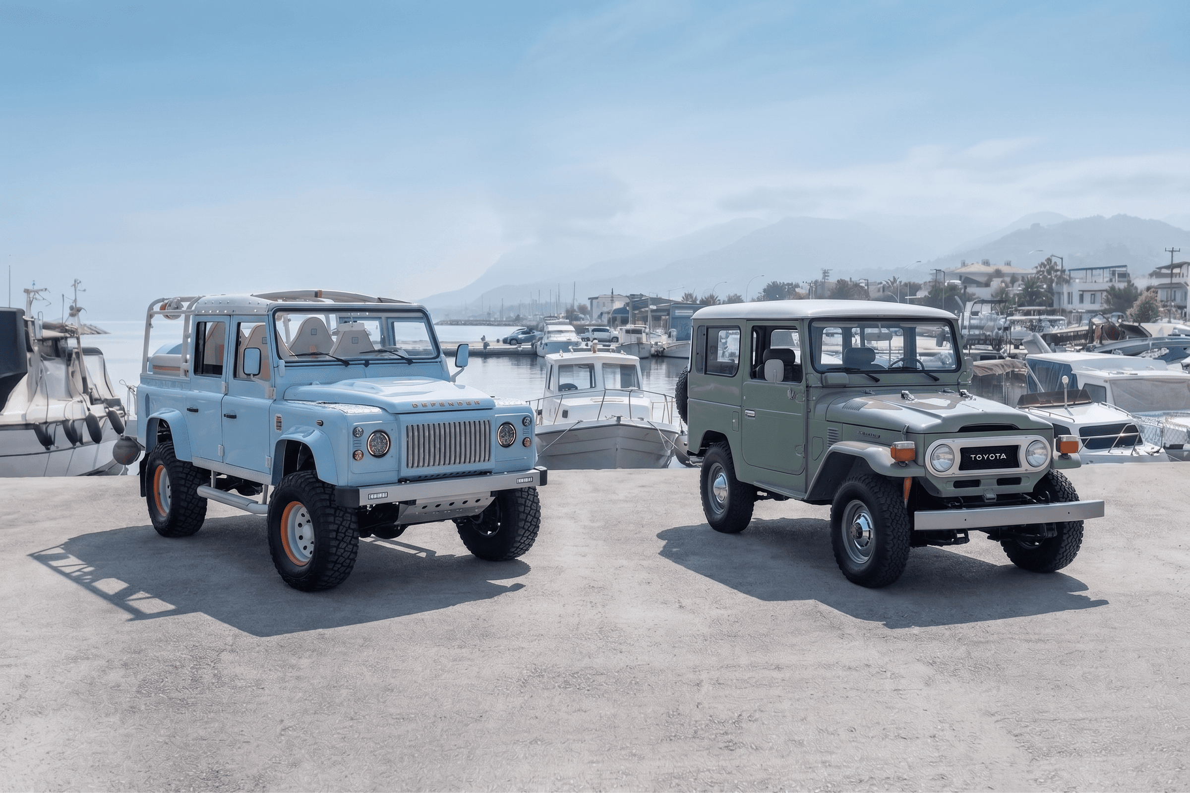Classic Land Rover Defender parked next to a Toyota Land Cruiser FJ40 showing collector 4x4 values in 2026