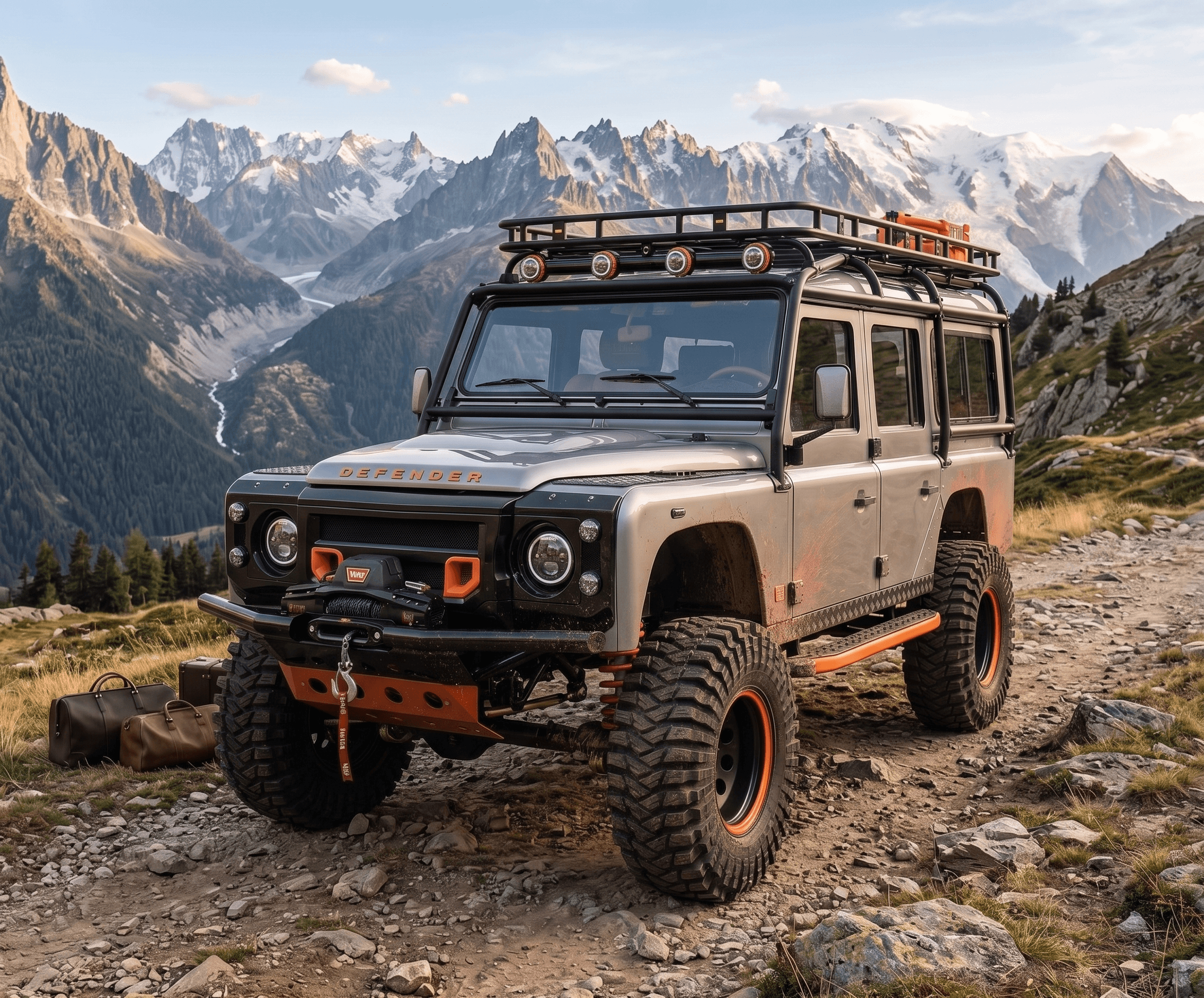 Bespoke custom Defender driving on a rural road
